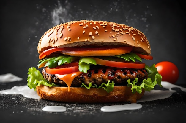 Delicious burger with juicy sauce tomato slices and lettuce on ash gray background
