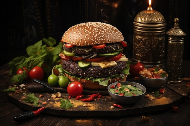 Delicious burger with lots of cheese on top of a wooden table on a black background