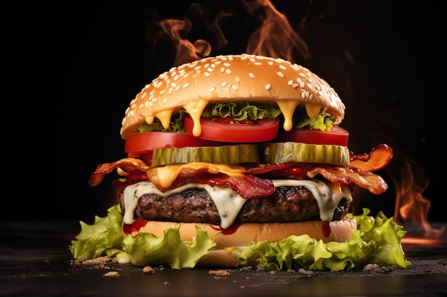 Delicious burger with lots of cheese on top of a wooden table on a black background