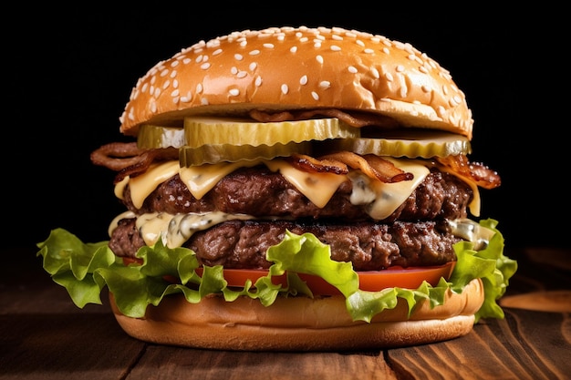 Delicious burger with lots of cheese on top of a wooden table on a black background