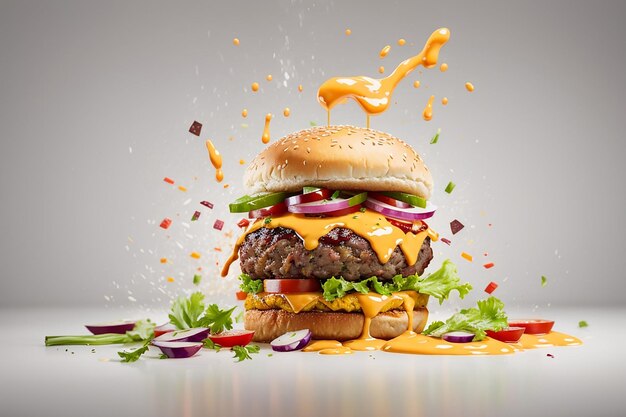 delicious burger with many ingredients isolated on white background tasty cheeseburger splash sauce