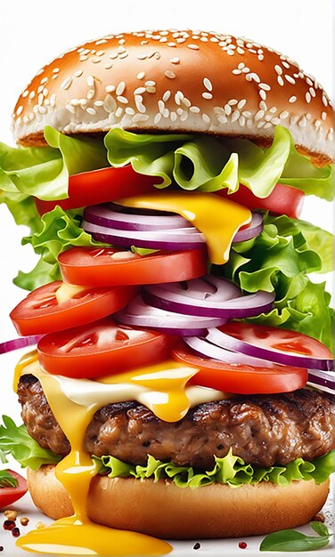 Delicious burger with many ingredients isolated on white backgroundtasty cheeseburger splash sauce