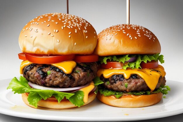 Delicious burger with many isolated on white background tasty cheeseburger splash sauce