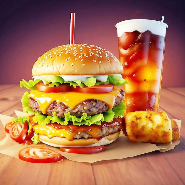 Delicious burger with soft drinks