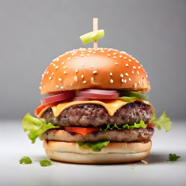 Delicious burger with tomatoes and green salad on white background