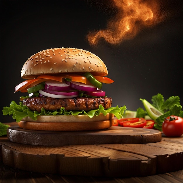 A delicious burger on wooden chopping board