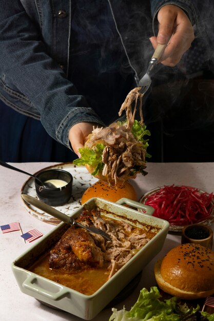 Photo delicious burgers arrangement high angle