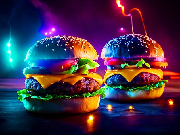 Photo delicious burgers with bright lightsimage