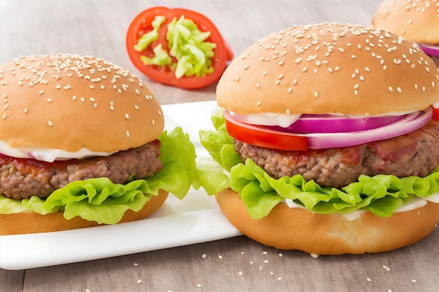 delicious burgers with fried beef cutlet tomato lettuce and onions crispy