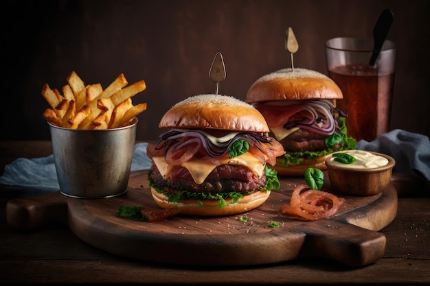 Photo delicious burgers with pieces of ham on a wooden tray illustration ai generative