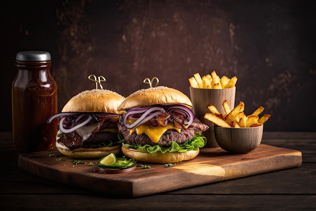 Photo delicious burgers with pieces of ham on a wooden tray illustration ai generative