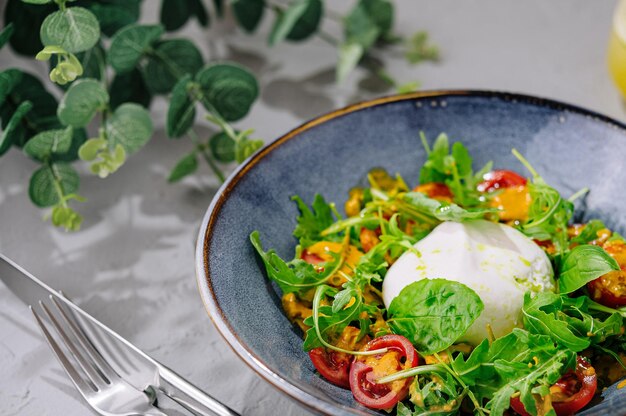 Delicious burrata salad top view