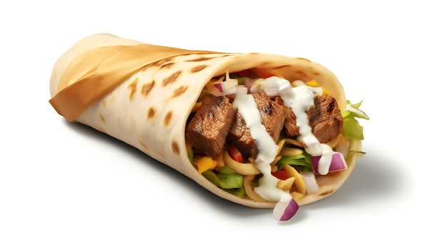 A delicious burrito filled with savory meat and colorful vegetables on a plain white background