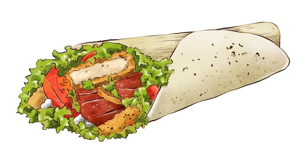 Delicious burrito hand drawn in watercolor and ink line art