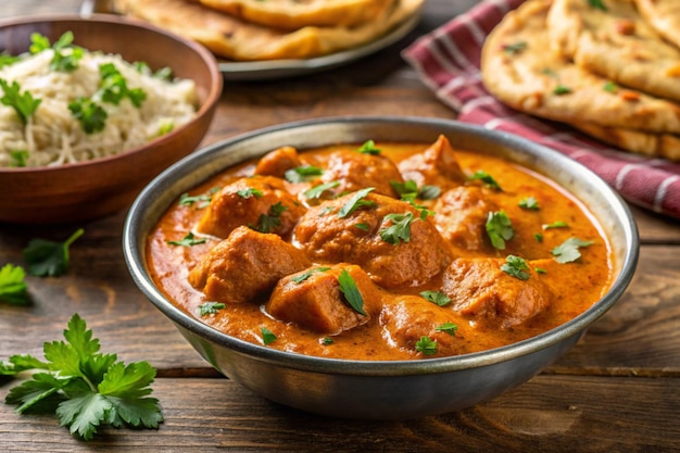 delicious butter chicken with rice and naan