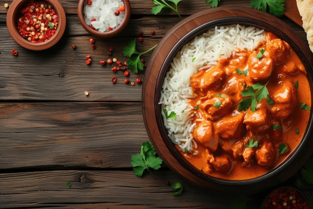 Delicious butter chicken with rice served on wooden table flat lay Space for text