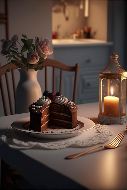 Delicious cake on a dining table in the kitchen