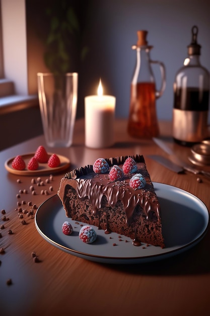 Delicious cake on a dining table in the kitchen