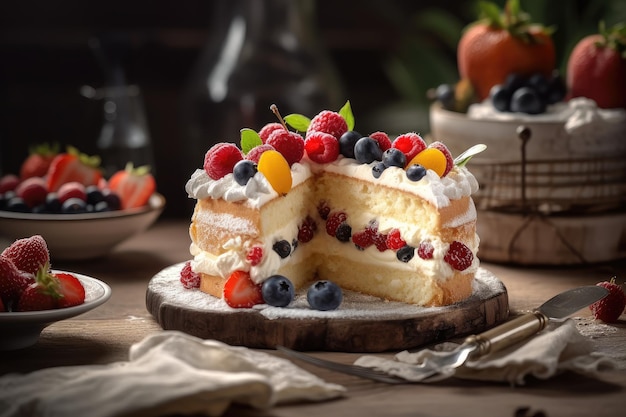 Delicious cake filled with fresh fruit and topped with sugar generative IA