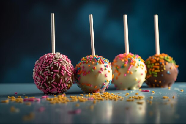 Delicious cake pops decorated with frosting chocolate and sprinkles Generative ai