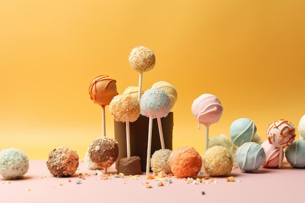 Delicious cake pops decorated with frosting chocolate and sprinkles generative ai