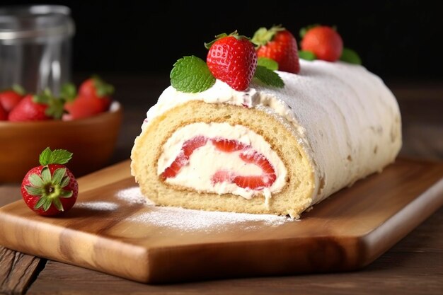 나무 보드 근접 촬영에 딸기와 크림을 곁들인 맛있는 케이크 롤은 ai를 생성합니다.