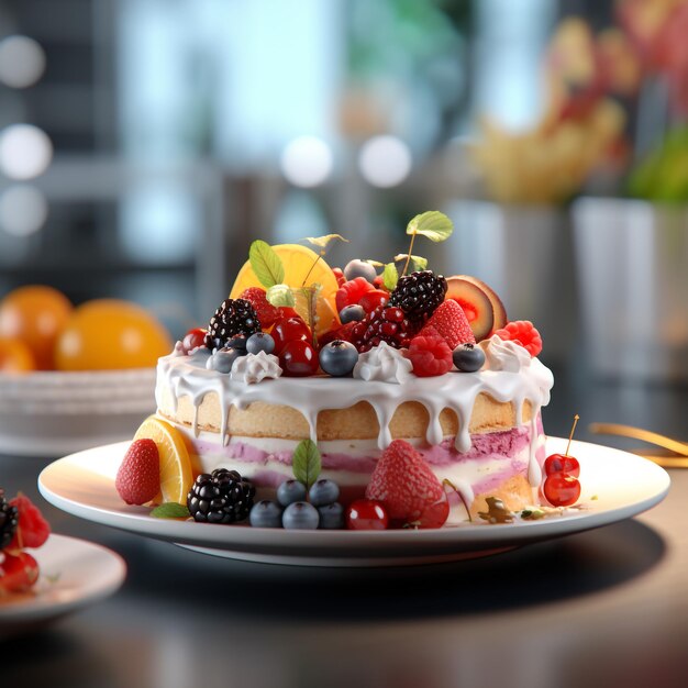 Delicious cake with berry kiwi dragon fruit slices Toppings