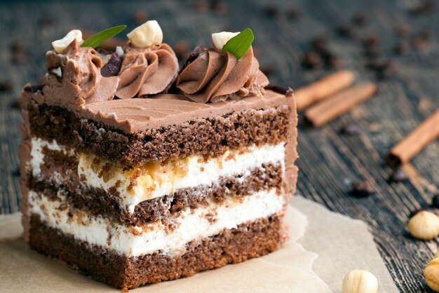 Delicious cake with chocolate cream flavor with nuts