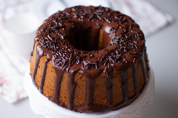 Delicious cake with chocolate sprinkles