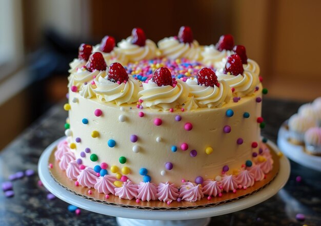 A delicious cake with colorful sprinkles and raspberries on top