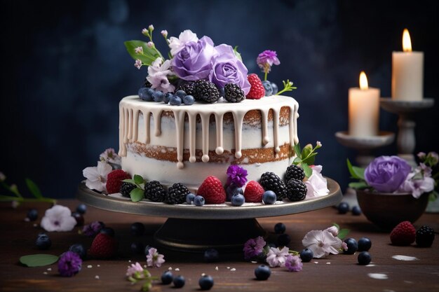 Delicious cake with flowers on stand