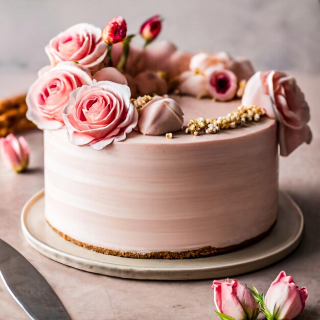 Фото Вкусный торт с цветами.