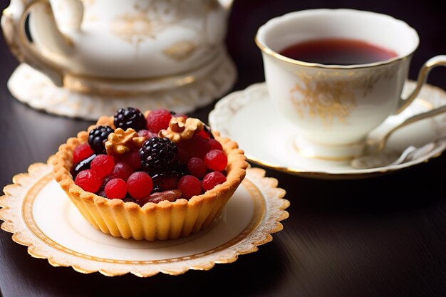 Delicious cake with fresh plums and raspberries made with ai generated