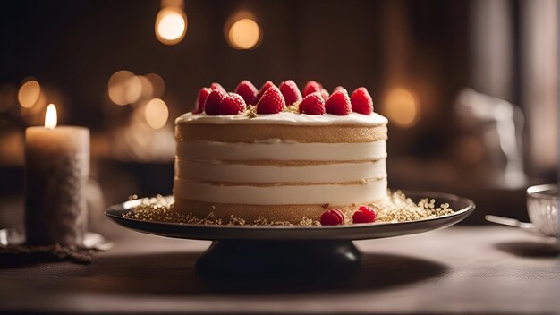 Delicious cake with fresh raspberries on a dark background