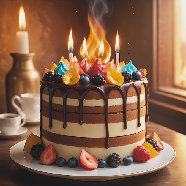 Delicious cake with fruits and candles