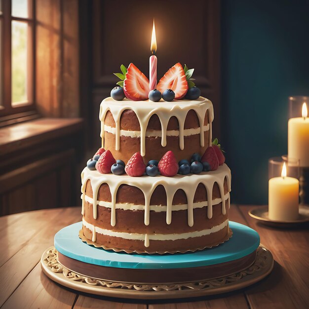 Delicious cake with fruits and candles