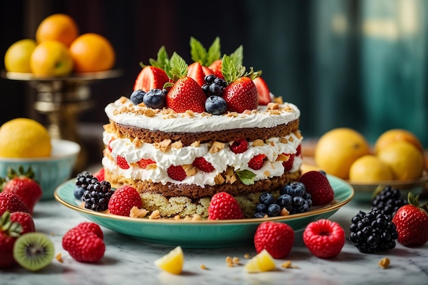 Photo delicious cake with fruits and cream