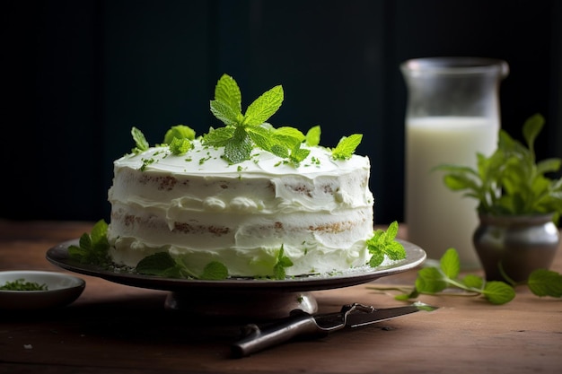 Delicious cake with mint leaves