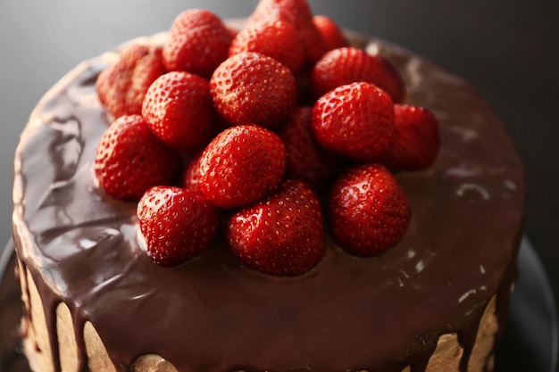 Delicious cake with strawberry closeup