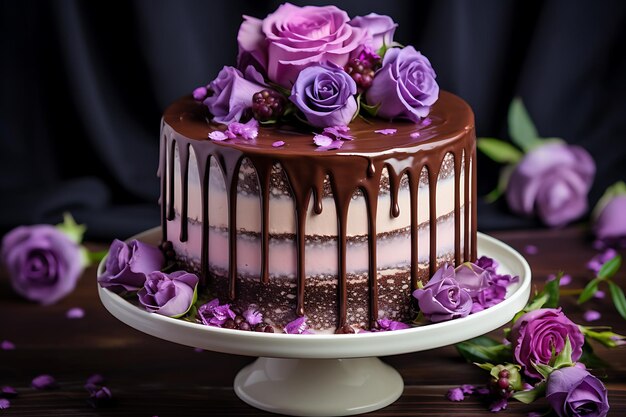 Delicious cake with white and brown chocolate swirly with flowers and blackberries on a table