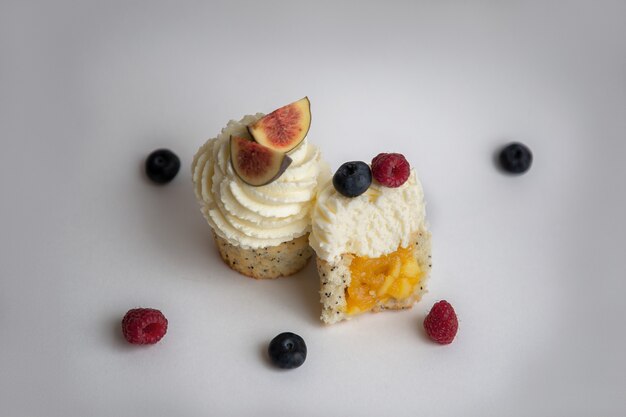 Delicious cakes on a blue background