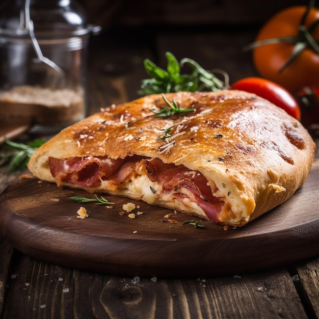 Delicious Calzone pizza with a wooden base and classic kitchen