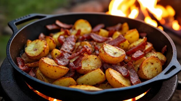 Delicious campfire meal in a skillet