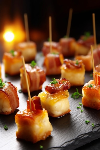 Delicious canapes with pork ham with dried tomatoes tasty buffet table summer party generative ai