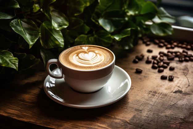 delicious cappuccino on a wooden table in a coffee shop latte art