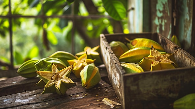 delicious carambola fruit in a wooden box on the background of nature