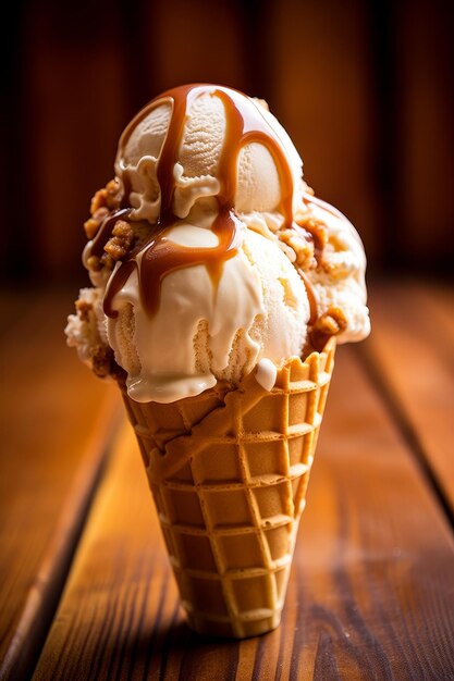 Photo delicious caramel drizzled ice cream cone with nuts