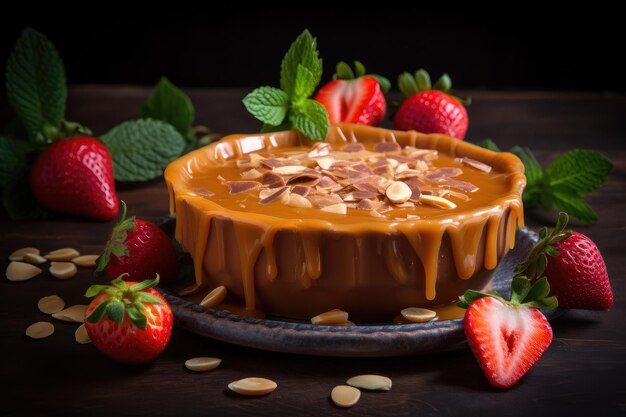 Delicious caramel pudding with fresh strawberries generative IA