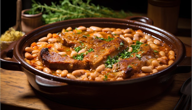 Delicious Cassoulet hearty stew made with white beans food photography