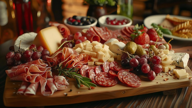 Foto una deliziosa tavola di carcuterie piena di una varietà di carni curate formaggi frutta e verdura perfetta per una festa o come spuntino